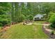 Large green backyard with picnic table, firepit, and landscaping at 627 Apache Trl, Woodstock, GA 30189