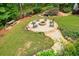 Stone fire pit with surrounding seating and mature landscaping at 627 Apache Trl, Woodstock, GA 30189