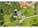 Aerial view of property featuring the home, shed, well, fire pit and circular drive at 676 Smith Store Rd, Covington, GA 30016