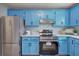Close up shot of kitchen with stainless steel appliances and blue cabinets at 128 Evergreen Trl # 4, Cartersville, GA 30121