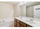 Bathroom featuring a double sink vanity, soaking tub, and large mirror, offering a clean and functional space at 3335 Thornbridge Dr, Powder Springs, GA 30127