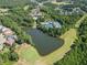 Expansive aerial view of the community featuring a lake, tennis courts, and lush green landscape at 238 Balsam Dr, Canton, GA 30114