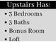 Listing of features for upstairs that includes bedrooms, baths, bonus room and loft at 1240 Hayes Sq, Peachtree City, GA 30269