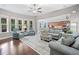 Spacious living room with hardwood floors, plush seating, and access to kitchen at 508 Highland Drive Dr, Woodstock, GA 30188