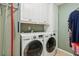 Laundry room featuring front load washer and dryer and storage cabinets at 726 Sunset Ridge Ln, Lawrenceville, GA 30045