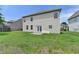 A view of the backyard with healthy grass and a vinyl-sided home at 7196 Toccoa Circle, Union City, GA 30291