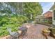 Charming backyard featuring a brick patio, mature trees, and lush greenery, ideal for relaxation at 3196 Henderson Walk, Atlanta, GA 30340
