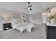 A serene main bedroom featuring carpet, tray ceilings, recessed lighting, and a ceiling fan at 525 Old Path Xing, Roswell, GA 30075
