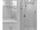 Bright bathroom with double sinks, modern shower, white cabinets, and sleek fixtures at 4806 Forest Trl, Douglasville, GA 30135