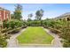 An aerial view of a beautifully landscaped courtyard and lawn at 105 Cumming St, Alpharetta, GA 30009