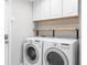 Convenient laundry room features side by side washer and dryer with storage cabinets at 100 Parkerwood Way, Alpharetta, GA 30022