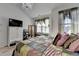 Comfortable bedroom featuring vaulted ceilings, large windows, and a cozy patterned comforter at 2639 Cooper Brook Dr, Snellville, GA 30078