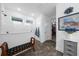 Bright bathroom features white subway tile shower, a patterned bench, and elegant decor at 218 Floral Valley Dr, Woodstock, GA 30188