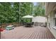 Back deck featuring wood flooring, an outdoor table, bench and a view of the wooded backyard at 9470 Hillside Dr, Roswell, GA 30076