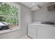 Functional laundry room with modern washer and dryer, shelving, and natural light from a large window at 9470 Hillside Dr, Roswell, GA 30076