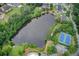 Aerial view of lake with mature trees, swimming pool and tennis courts at 1952 Sugarstone Dr, Lawrenceville, GA 30043