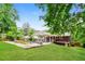 Backyard view of pool and covered patio surrounded by trees, grass, and fence at , Forest Park, GA 30297