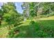 Backyard with green grass and mature trees, offering a private and natural setting at 407 Doris Dr, Woodstock, GA 30188