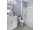 Bright bathroom features white cabinets, a vanity, and a shower-tub combo at 244 Citrine Way, Acworth, GA 30101