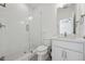 Contemporary bathroom featuring a glass shower, sleek vanity, and modern fixtures for a clean and stylish design at 7420 Wild Violet Dr, Cumming, GA 30040