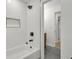 Stylish bathroom with subway tile shower and dark fixtures, modern and functional at 1769 W Austin Rd, Decatur, GA 30032