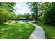 Backyard oasis with in-ground pool, lush lawn, and mature trees creating a private retreat at 5254 Corinth Dr, Stone Mountain, GA 30087