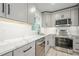 Modern kitchen with gray cabinets, stainless steel appliances, white countertops, and tile backsplash at 3160 Ann Se Rd, Smyrna, GA 30080