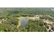 Aerial view of a community lake surrounded by lush greenery and residential houses at 3561 Stone Dr, Marietta, GA 30062
