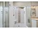 Modern bathroom shower featuring glass enclosure, white subway tile, and decorative stone accent at 3561 Stone Dr, Marietta, GA 30062