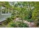 Charming home exterior with a lush, landscaped yard, wooden bridge, and mature trees at 4621 Lakeshore Dr, Pine Lake, GA 30072