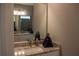Bathroom showcasing dual sinks set in stone countertops, enhanced by a modern light fixture at 513 Forest Ln, Canton, GA 30114