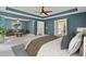 This main bedroom features a tray ceiling, wood accent wall, ceiling fan and ensuite sitting area at 950 Mill Creek Ave, Canton, GA 30115