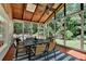 Enclosed patio features wood ceiling with skylight, ceiling fan, tile floor and screened windows at 9585 Fenbrook Ct, Johns Creek, GA 30022