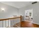 Bright upstairs hallway with hardwood floors leading to a beautifully decorated bedroom at 2817 Lincoln Dr, Decatur, GA 30033