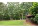 A lovely backyard offers a private retreat with mature trees and a small storage shed at 3750 Cannonwolde Dr, Snellville, GA 30039