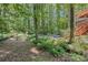 Lush wooded backyard with a creek and driveway, providing a tranquil and private outdoor setting at 1279 Colony Pl, Marietta, GA 30068