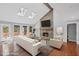 Staged living room with stone fireplace, vaulted ceilings, and hardwood flooring at 1279 Colony Pl, Marietta, GA 30068