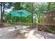 Relaxing wooden deck features a table, chairs, umbrella, and a picturesque view of the surrounding lush greenery at 3741 Cape York Trce, Alpharetta, GA 30022