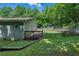 View of backyard featuring lush green lawn, wooden deck, and some trees at 1920 Daves Creek Trl, Cumming, GA 30041