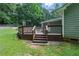 Wooden deck with steps leading to a grassy lawn, great for outdoor living at 1920 Daves Creek Trl, Cumming, GA 30041