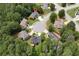 Aerial view showcasing the house's location in a cul-de-sac surrounded by lush greenery and neighboring homes at 28 Mcevers Branch Ct, Acworth, GA 30101