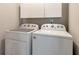 Clean laundry room featuring a white washer and dryer, plus storage cabinets at 28 Mcevers Branch Ct, Acworth, GA 30101