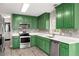 Charming kitchen featuring green cabinets, stainless steel appliances, and white countertops at 1071 N Price Rd, Sugar Hill, GA 30518