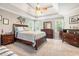This bright main bedroom features a tray ceiling, a ceiling fan, and several windows to let the sun shine in at 1655 Peachcrest Dr, Lawrenceville, GA 30043