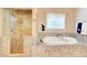 Close up of the bathroom soaking tub and glass enclosed shower with tile surround at 805 Cog Hl, Mcdonough, GA 30253