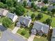 Beautiful aerial view of brick homes, green lawns and mature trees in a desirable neighborhood at 3850 Calomel Dr, Cumming, GA 30040