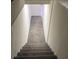 The basement stairway has painted block walls and wainscotting and carpeted stairs to create a finished look at 4325 Dawning Ln, Douglasville, GA 30135