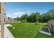 Backyard featuring a lush green lawn, an outdoor fire pit, and perimeter fencing at 1820 Primrose Park Rd, Sugar Hill, GA 30518