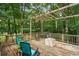Enjoy the private treed view from this spacious back deck with cafe lights and outdoor furniture at 3861 Riding Sw Trl, Powder Springs, GA 30127