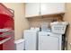 Well-equipped laundry room featuring modern washer, dryer, and a unique vintage refrigerator, maximizing efficiency at 914 Wenham Ln, Lawrenceville, GA 30044